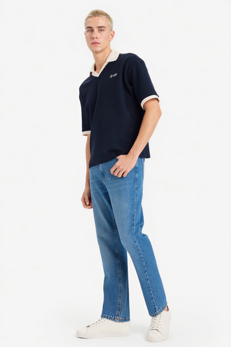 DeFacto Blue Man Boxy Fit Polo Collar Textured T-Shirt Casual - Image 2